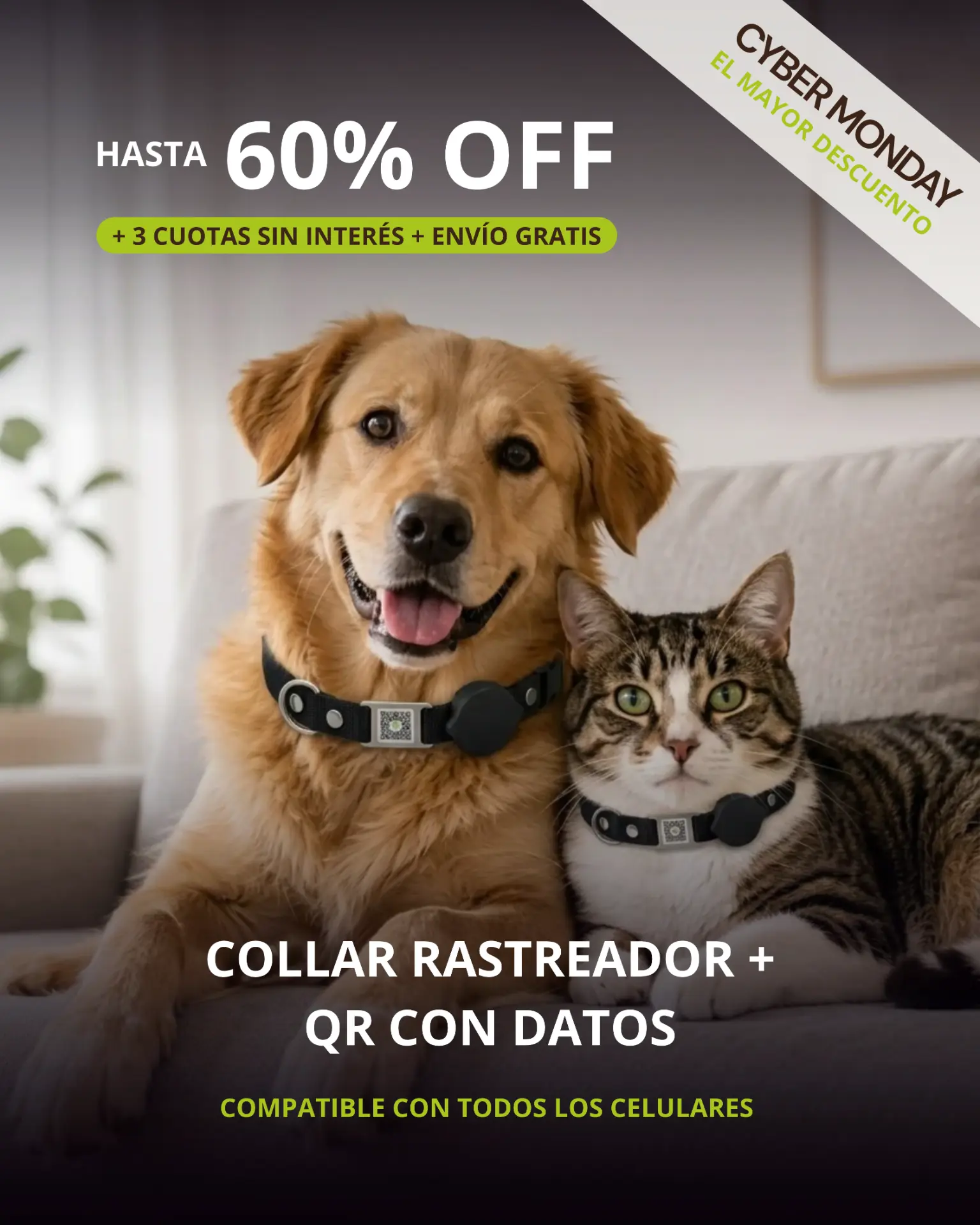 Cyber Monday: collar rastreador con QR para perros y gatos, hasta 60% OFF, 3 cuotas sin interés y envío gratis